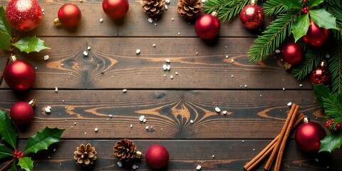 A Festive Holiday Background Featuring Red Ornaments, Pine Cones, and Cinnamon Sticks on Rustic Wood