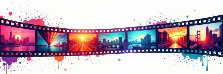 Colorful chaotic filmstrip arrangement, white backdrop , vintage, movie