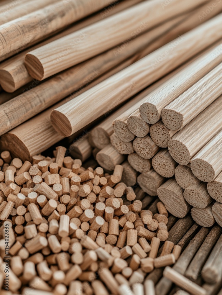 Poster Close-Up of Various Wooden Pegs and Raw Materials Arranged Neatly, Showcasing Natural Texture and Grain Patterns in a Crafting or Construction Setting