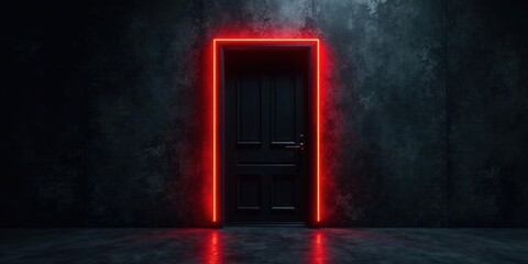 Mysterious Black Doorway Illuminated by Vibrant Red Neon Frame in a Dark Room