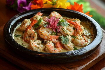 Indian Seafood Feast: Shrimp, Prawns, and Chicken in Creamy Sauce on a Wooden Table. AI generated illustration