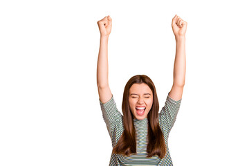 Photo of excited encouraged girl having finally divorced with her bad husband while isolated with...