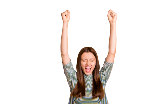 Photo of excited encouraged girl having finally divorced with her bad husband while isolated with yellow background