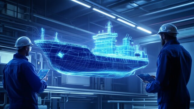 Two engineers observe a holographic ship model in a futuristic industrial setting, showcasing advanced technology in maritime design.