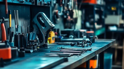 A well-organized metalworking bench in an industrial workshop, Metalworking tools and materials neatly arranged, Robust craft style