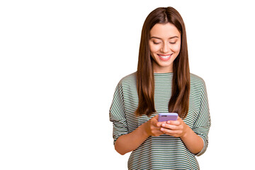 Photo of excited cheerful girlfriend browsing through her favorite page of some social media while...