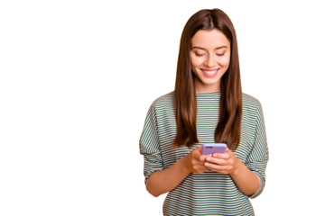 Photo of excited cheerful girlfriend browsing through her favorite page of some social media while isolated with yellow background