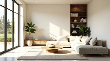 Serene Minimalist Living Room Design with Sunlight Streaming Through Large Windows,  Neutral Color Palette, and Stylish Wooden Accents.