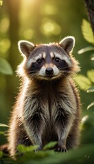Obraz premium A curious raccoon peeks out from lush green foliage in the forest, its signature mask and fluffy fur glowing in the soft sunlight, creating a scene full of natural charm
