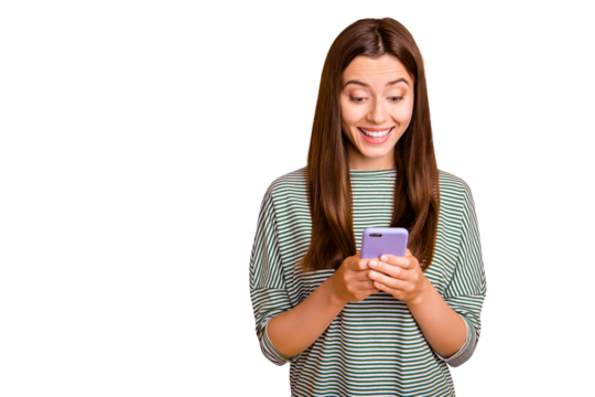 Photo of inspired charming girl seeing that her beloved musician is to come to her city while isolated with yellow background