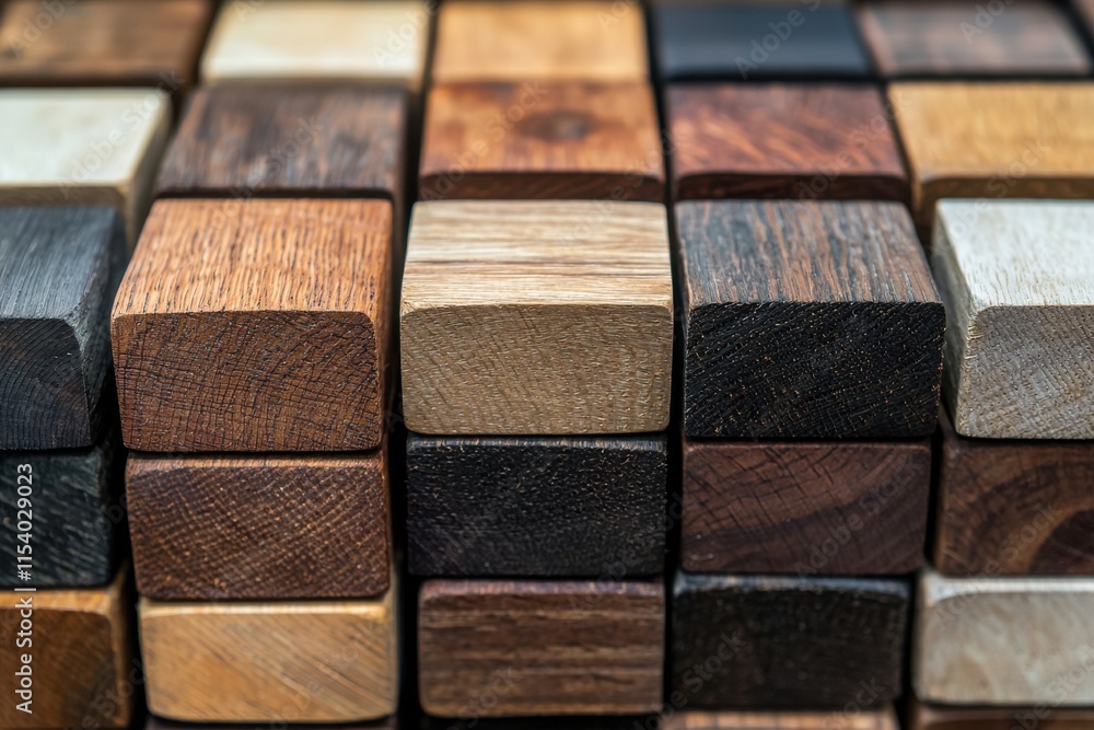 Aufkleber diverse wood blocks displaying unique grain patterns in a close-up arrangement, ideal for creative p