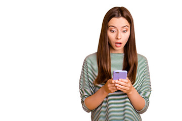Photo of terrified feared girl having perhaps read message about her being fired while isolated with yellow background