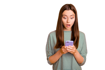Photo of terrified feared girl having perhaps read message about her being fired while isolated with yellow background