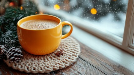 Fototapeta premium Cozy coffee cup by the window in a snowy setting