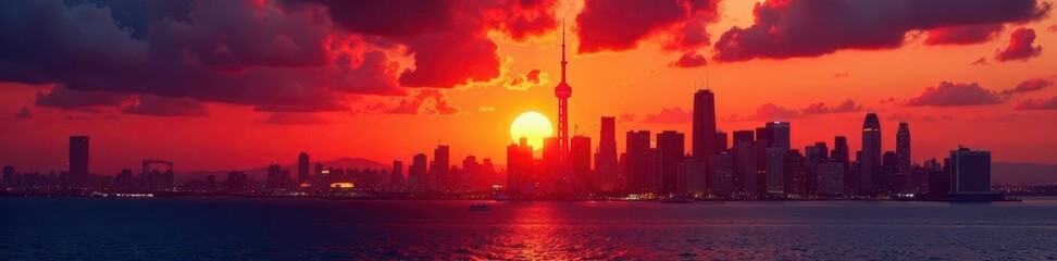 Obraz premium Fiery sunset hues paint city skyline silhouettes , highrise, sky