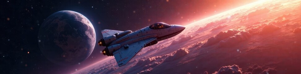 Obraz premium Advanced spacecraft in orbit, celestial bodies in backdrop , high tech, ship