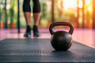 A kettlebell rests on a mat in a fitness studio, with a person preparing to work out in the background.