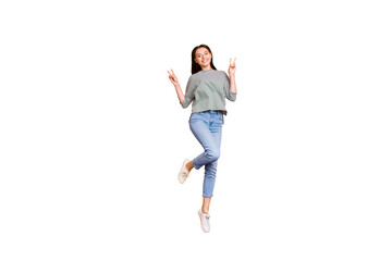 Full length body size photo of cheerful amazing gorgeous girlfriend wearing jeans denim trousers...