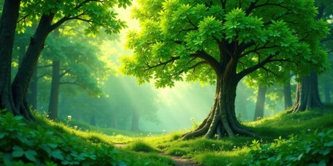 Obraz premium Serene Forest Path Sunlight Illuminates Lush Greenery, Ancient Tree Roots, and a Gentle Meadow Trail