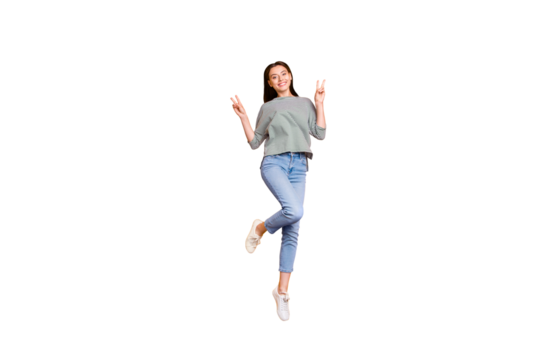 Full length body size photo of cheerful amazing gorgeous girlfriend wearing jeans denim trousers and showing you v-sign while isolated with yellow vivid background