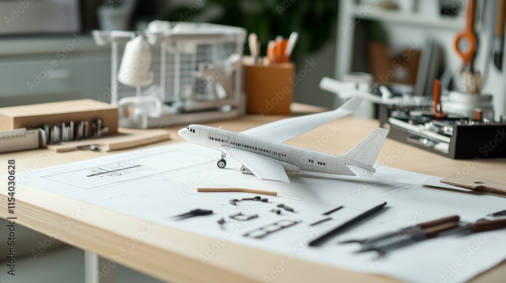 Poster a well-organized model airplane building station, model kits and tools neatly placed on a worktable,