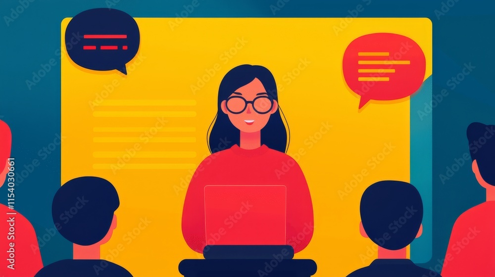 Poster a digital illustration of a woman presenting in front of an audience, engaging with them while using