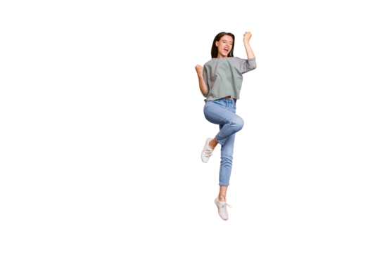 Full length body size photo of cheerful overjoyed lady having evidently just been promoted at work while isolated with yellow vivid background