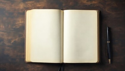 Vintage Notebook Mockup. Open blank notebook with pen on dark wooden surface showcasing copy space