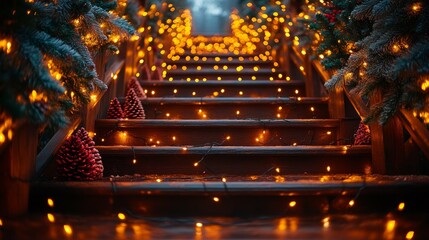 Festive staircase adorned with glowing Christmas lights