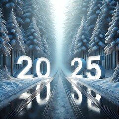 Snowy Forest Road with Reflective 3D Numbers 2025 in Winter Wonderland
