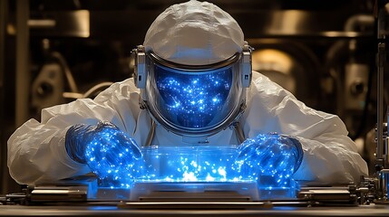Scientist in hazmat suit examining glowing sample.