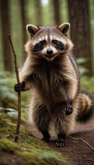 Fototapeta premium Close-up of a raccoon exploring its natural habitat in a serene forest setting, surrounded by moss and ferns, showcasing the beauty of wildlife in nature