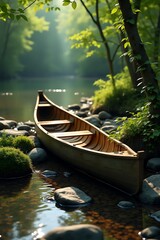 Weathered Wooden Canoe on a Lush Riverbank: Vintage Photorealistic Scene
