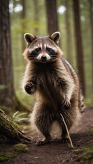 Obraz premium Close-up of a raccoon exploring its natural habitat in a serene forest setting, surrounded by moss and ferns, showcasing the beauty of wildlife in nature