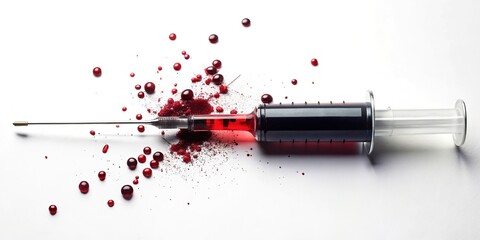 Drone's eye:  Blood stains, syringe tip, stark contrast.