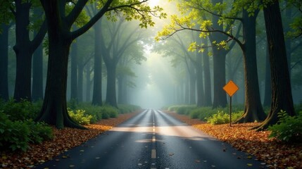 Obraz premium Serene Autumnal Road Through Misty Woodland, Sunlight Filtering Through Canopy, Leading to an Unknown Destination