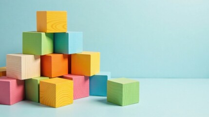 Pastel Wooden Blocks Arranged in a Pyramid Shape on a Light Blue Background