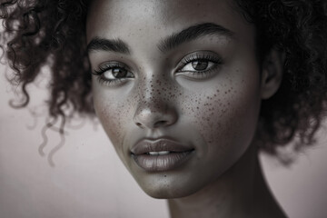 Fototapeta premium A woman with freckles on her face and curly hair