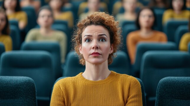 A woman with curly hair sits in a theater, surrounded by indistinct figures, showcasing a sense of focus amidst a crowd.