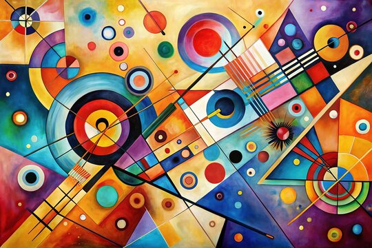 Dynamic geometric forms swirl in a colourful, abstract Kandinsky scene.