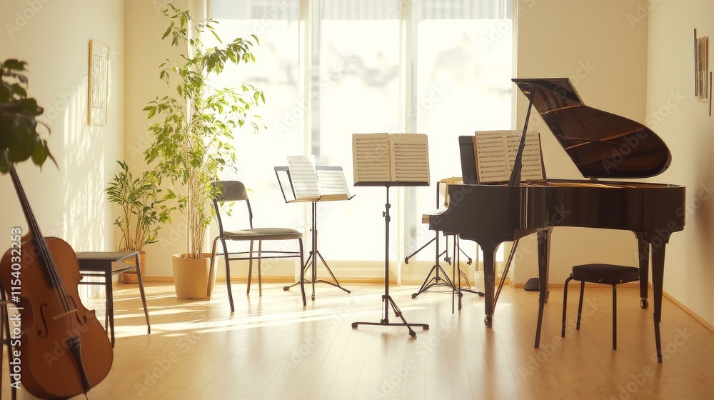 Poster a well-organized music practice area with sheet music and instruments neatly placed, a bright, unclu