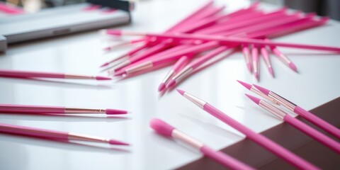 A Collection of Pink Artist Paint Brushes on a White Surface