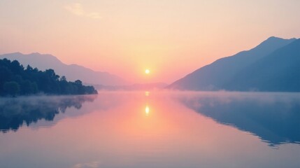 Fototapeta premium Serene Sunrise Over Misty Lake and Mountain Range, Reflecting Golden Light on Calm Waters