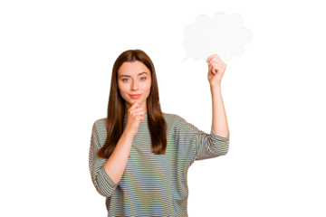 Photo of guessing broody woman holding empty white cloud in wait of when you fill it out while isolated with yellow background