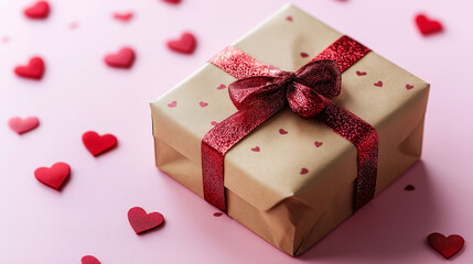 gift box with red ribbon on pink background