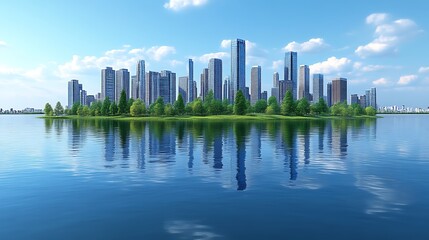 Obraz premium Cityscape reflected in calm water.