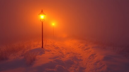 Foggy winter path illuminated by street lamps