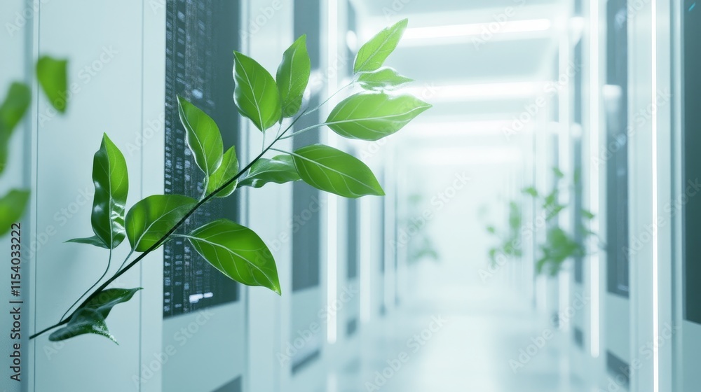 Aufkleber exploring the integration of nature and technology in a modern data center emphasizing sustainabilit