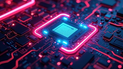 Fototapeta premium High-Tech Microchip on Circuit Board Glowing in Blue and Pink Lights