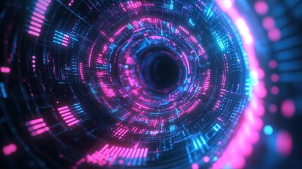 Neon Tunnel Vortex: A Journey Through Digital Space. Dive into a vibrant vortex of neon light, a mesmerizing blend of pink and blue hues creating a futuristic tunnel effect.